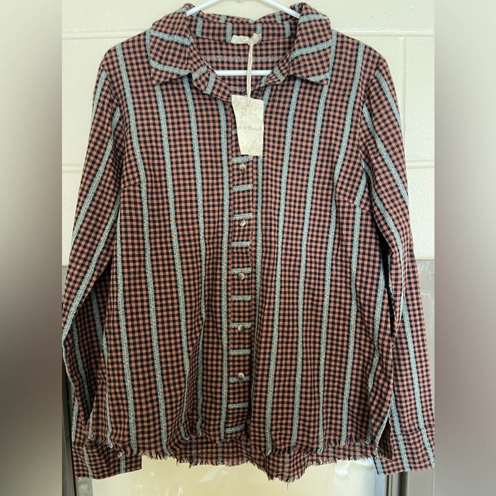 Brand New Hem and Thread Embroidered Checker Print Button Up Size L